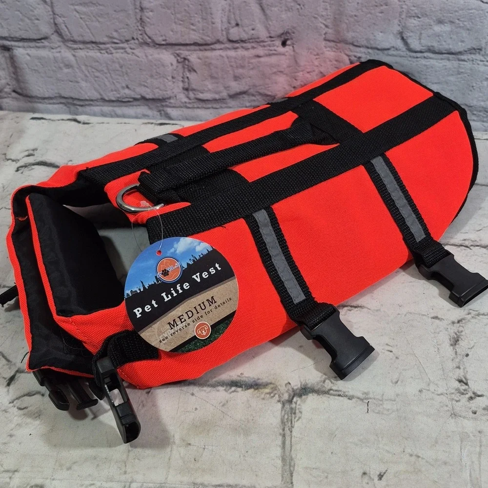 New Dog Life Vest Float Coat High Visibility Orange With Handle Size Medium NWT